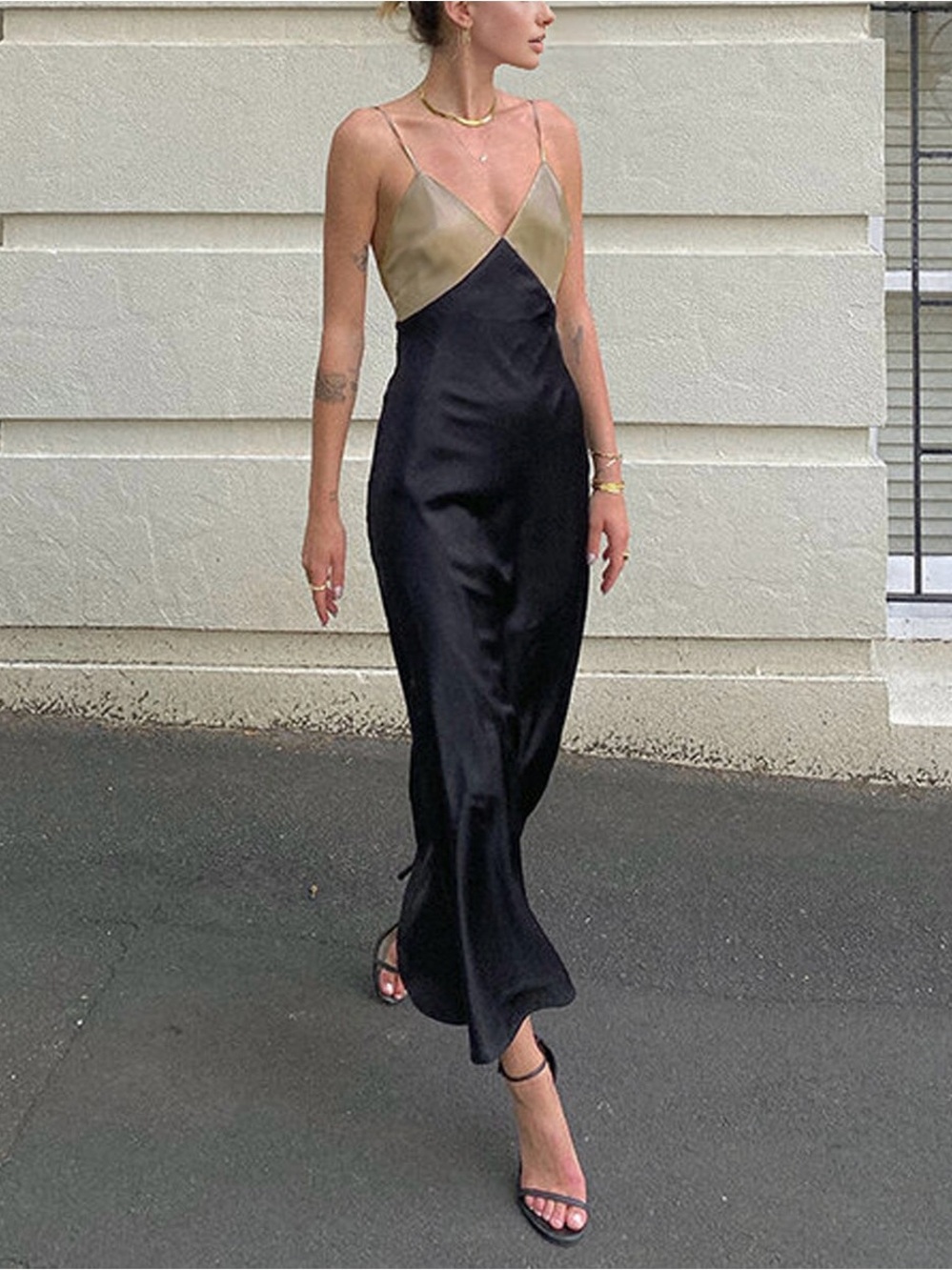 Commense Colorblock Slip Midi Dress Champagne Black Satin Minimalist Size L - Picture 1 of 5